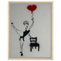 Framed 18×24 canvas reproduction of Balloon of Love: girl on one foot, empty chair, red heart balloon tied to her fingertips.