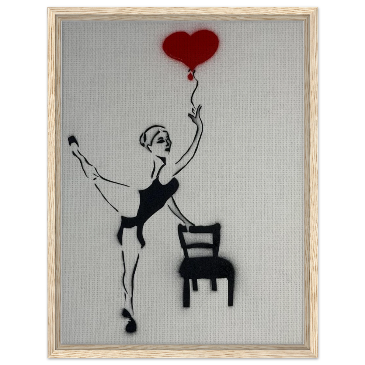 Framed 18×24 canvas reproduction of Balloon of Love: girl on one foot, empty chair, red heart balloon tied to her fingertips.