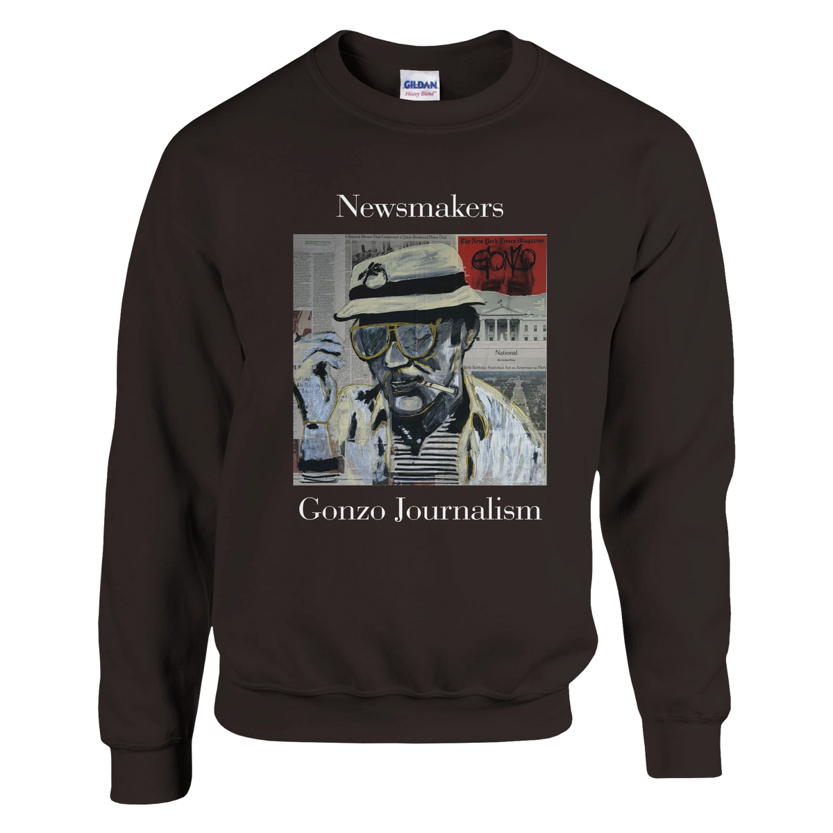 Classic heavy-blend crewneck sweatshirt printed with Johnny X’s Newsmakers — Gonzo Journalism portrait over newspaper pages in black, white and gold.