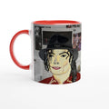 Glossy 11 oz ceramic art mug with Johnny X's Newsmakers — Hee Heee!!! portrait of Michael Jackson over layered newspaper background