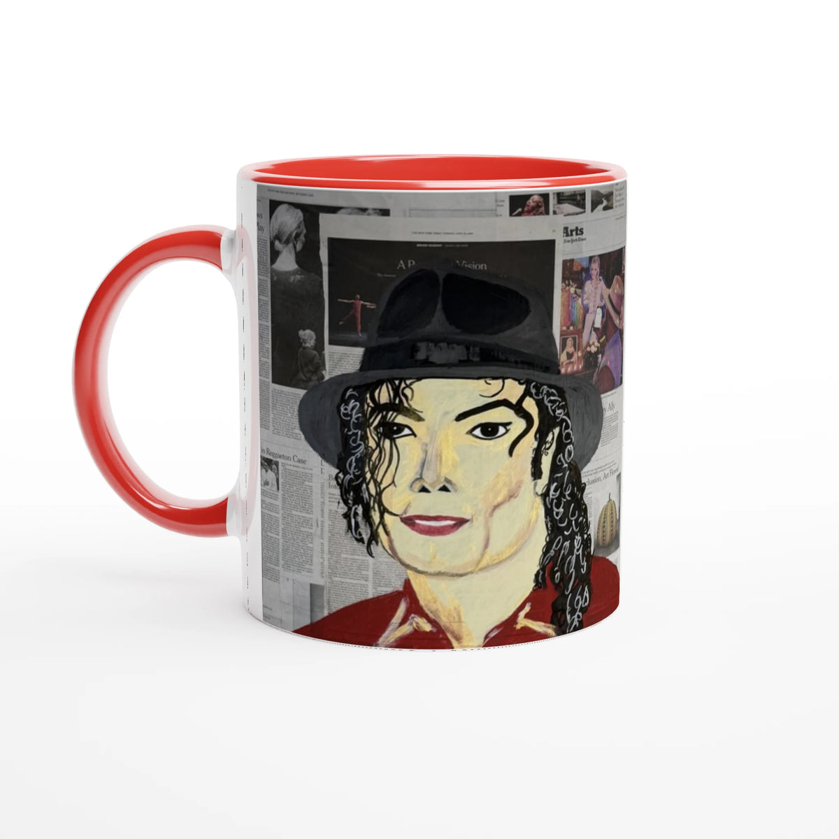 Glossy 11 oz ceramic art mug with Johnny X's Newsmakers — Hee Heee!!! portrait of Michael Jackson over layered newspaper background