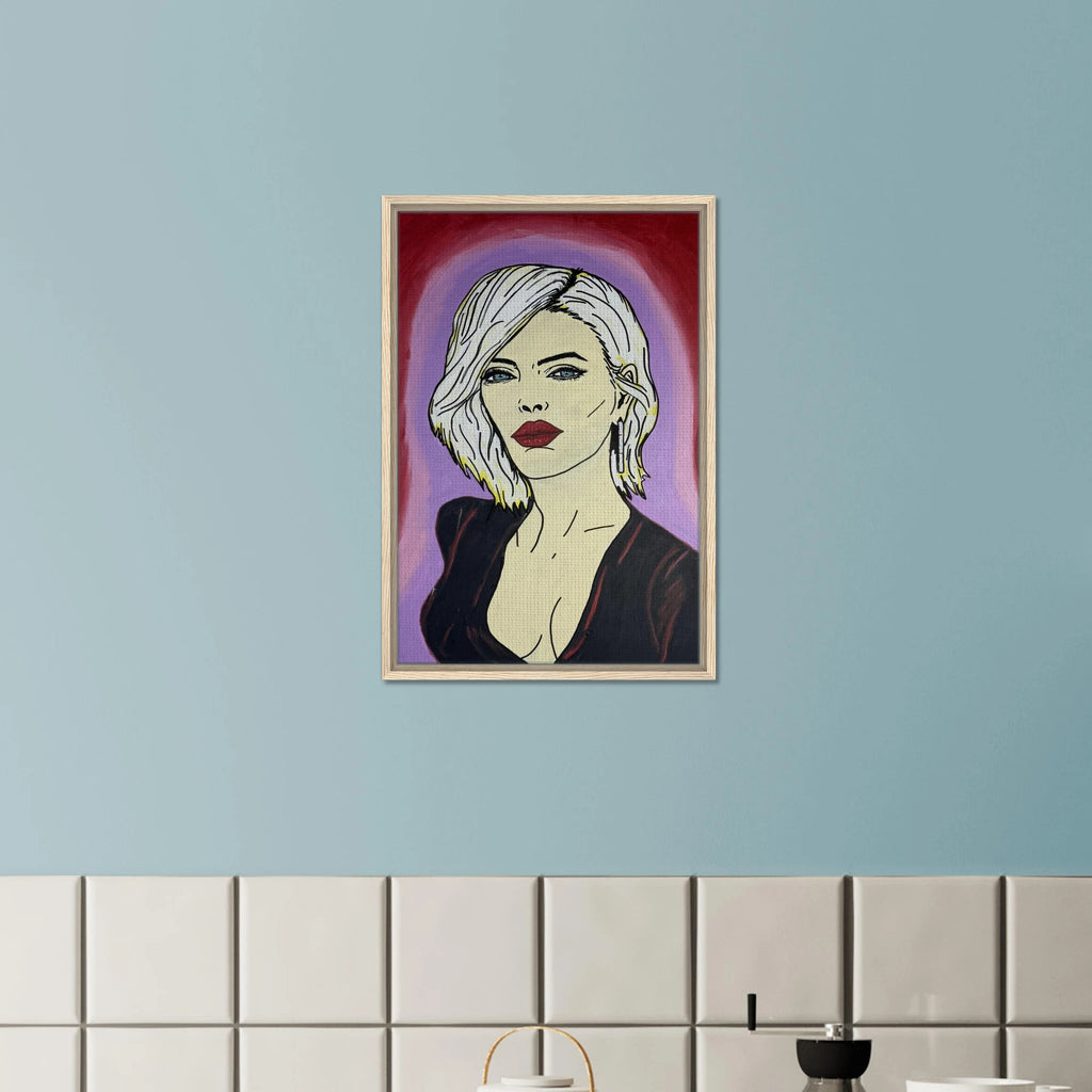 Framed canvas reproduction: portrait with platinum hair, piercing blue eyes and red lips against crimson and violet fields