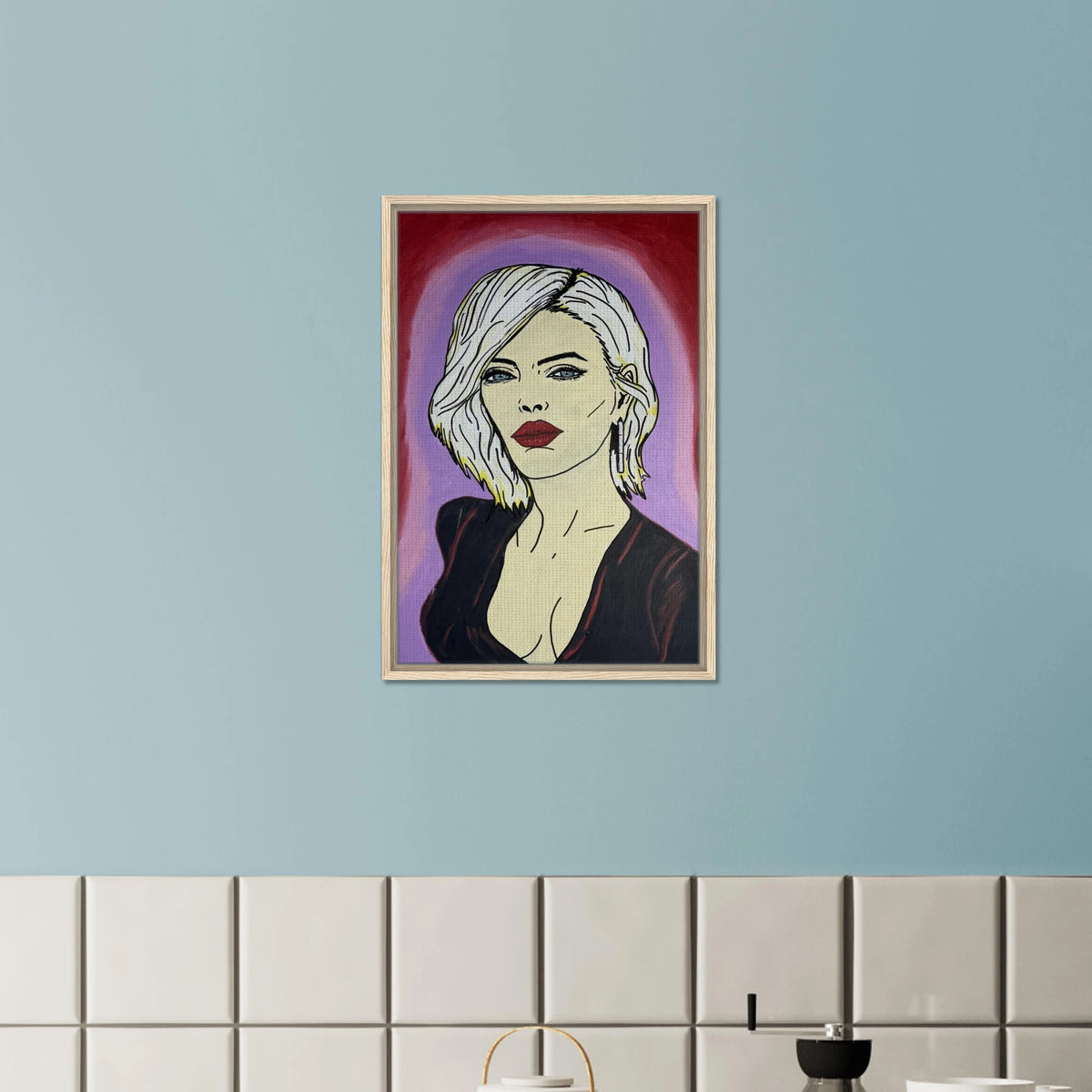 Framed canvas reproduction: portrait with platinum hair, piercing blue eyes and red lips against crimson and violet fields