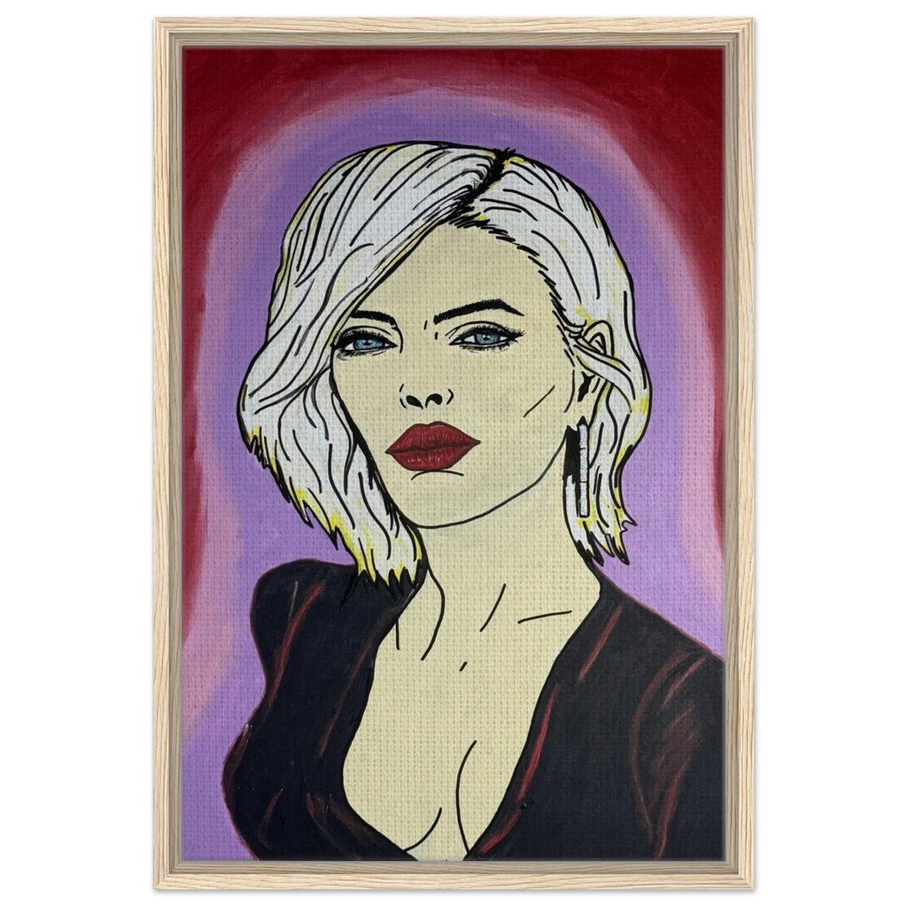 Framed canvas reproduction: portrait with platinum hair, piercing blue eyes and red lips against crimson and violet fields