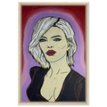 Framed canvas reproduction: portrait with platinum hair, piercing blue eyes and red lips against crimson and violet fields
