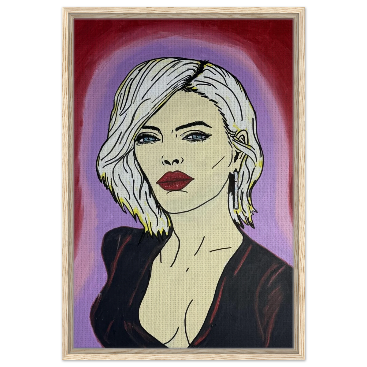 Framed canvas reproduction: portrait with platinum hair, piercing blue eyes and red lips against crimson and violet fields