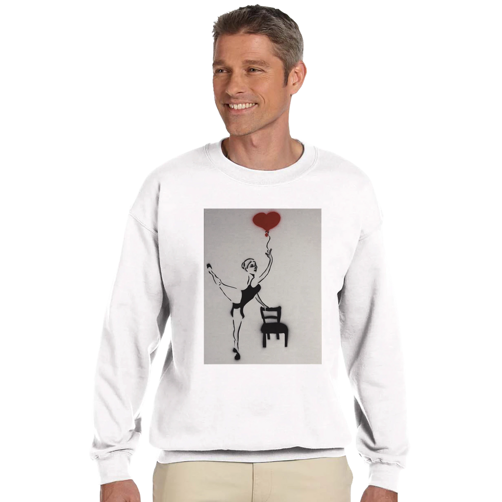 Classic heavy-blend crewneck featuring Johnny X’s Balloon of Love: a ballerina beside an empty chair with a single red heart balloon