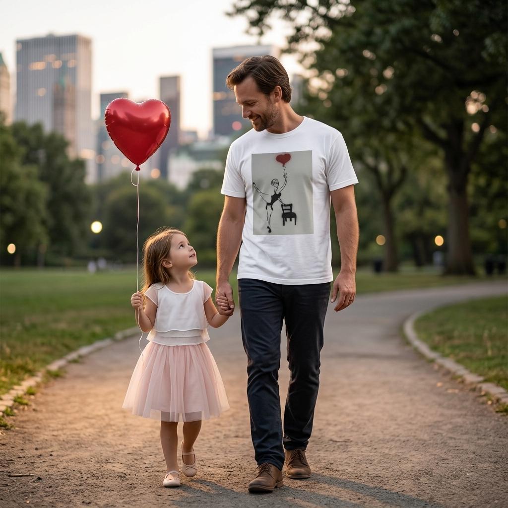 Heavyweight unisex tee printed with Johnny X’s Balloon of Love: a ballerina by an empty chair and a red heart balloon