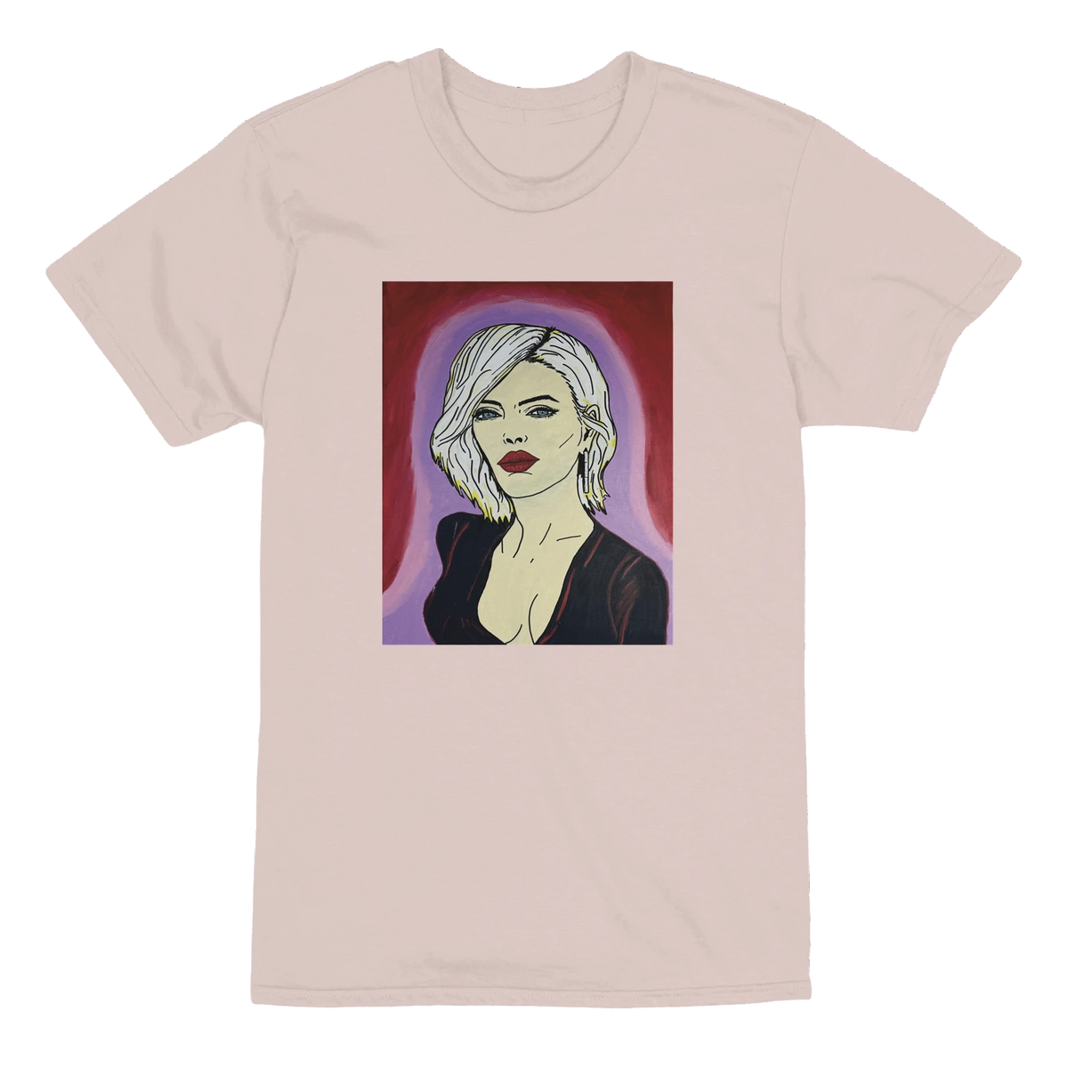 Heavyweight unisex tee printed with Johnny X's The Alchemist — portrait of a woman with platinum hair, piercing blue eyes and deep red lips