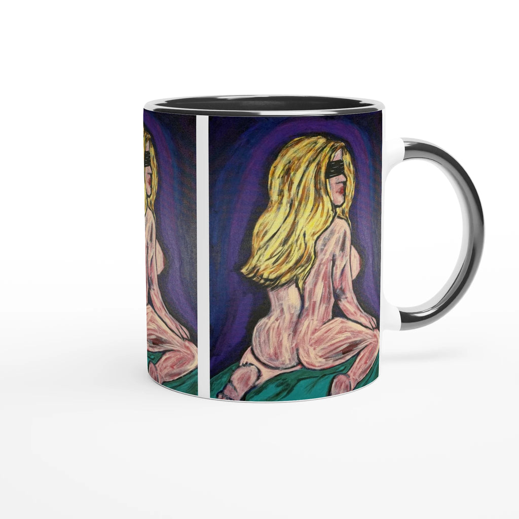 White 11 oz ceramic art mug featuring Johnny X's 'Bellissima — Blinded by Faith' artwork with colored rim, interior and handle