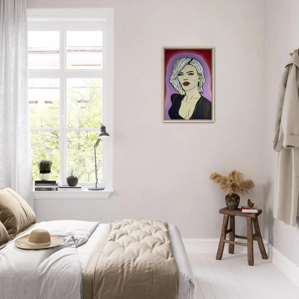 Framed canvas reproduction: portrait with platinum hair, piercing blue eyes and red lips against crimson and violet fields