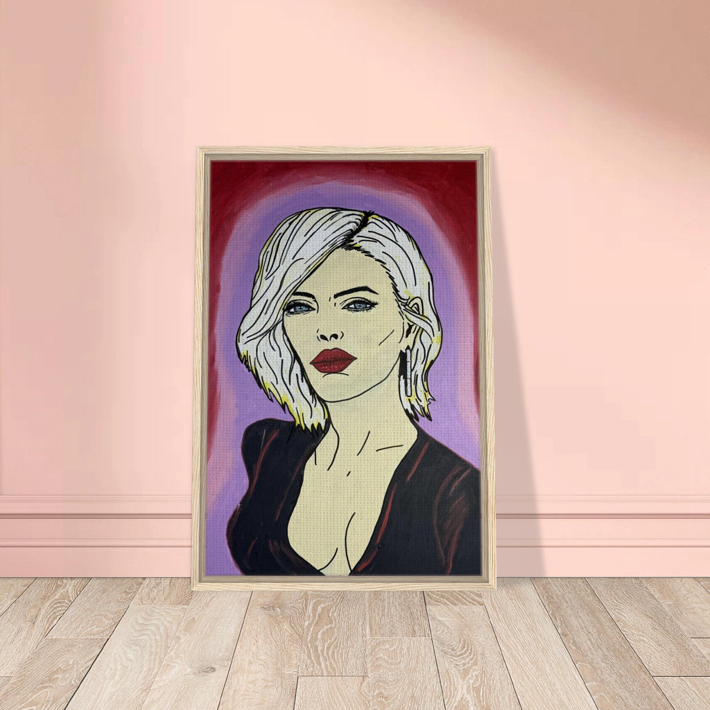 Framed canvas reproduction: portrait with platinum hair, piercing blue eyes and red lips against crimson and violet fields