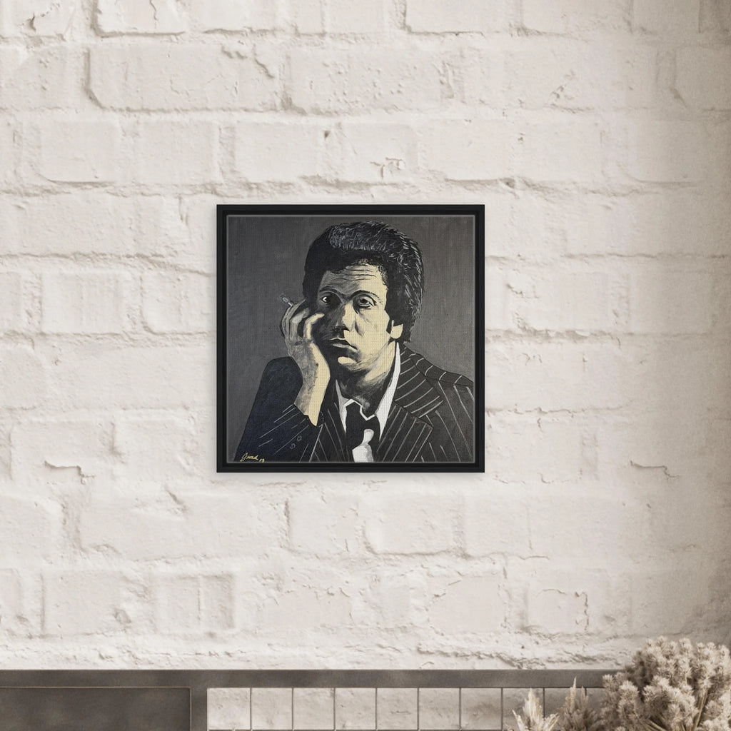 Monochromatic portrait of Billy Joel in black, white and gray on a 24×24 in framed canvas reproduction