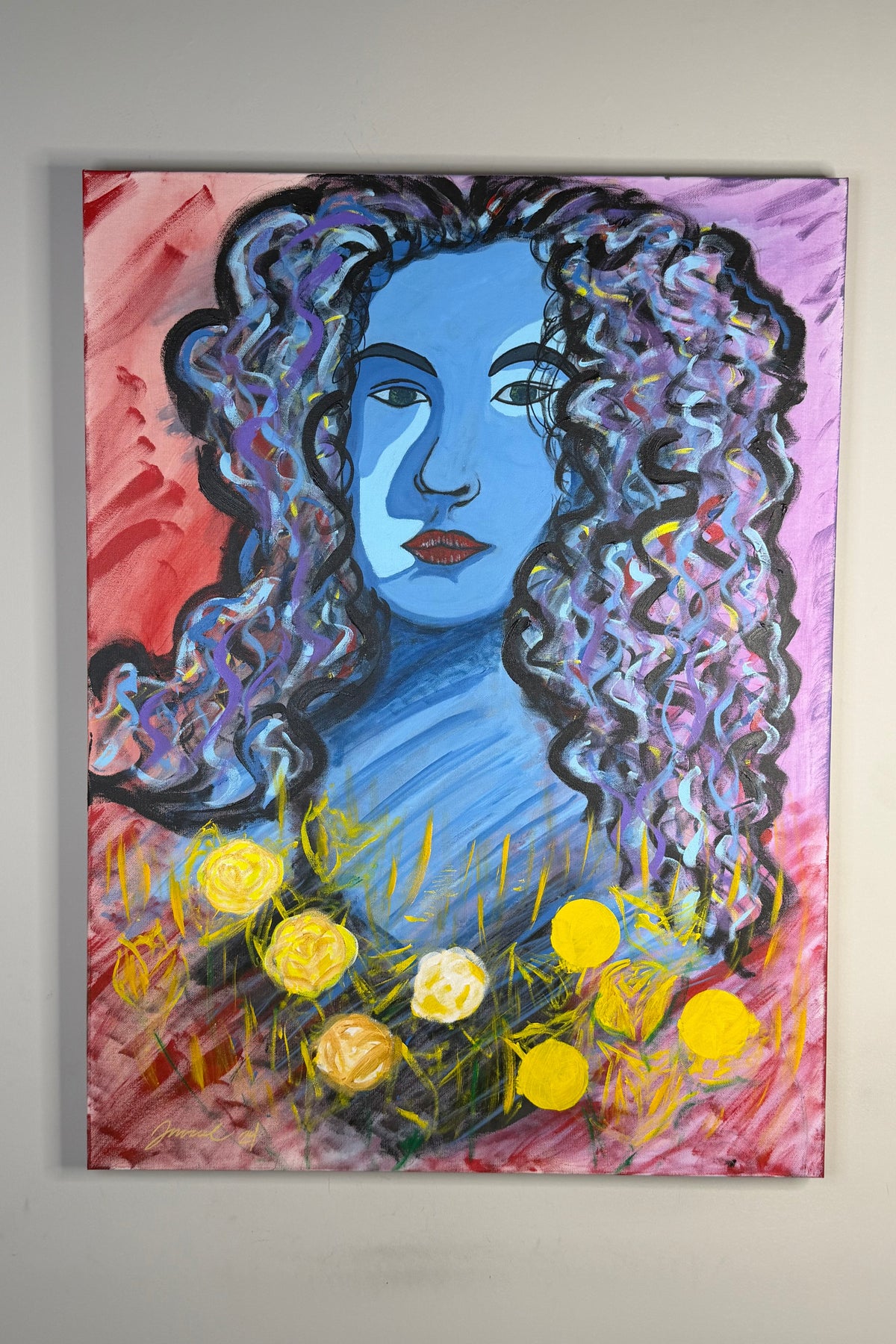 Lady in Blue by Johnny X, a 30 × 40-inch contemporary portrait of a woman with a vivid blue face and cascading multicolored curls in violet, pink, black, and white, surrounded by expressive red and pink tones and luminous yellow and gold flowers.
