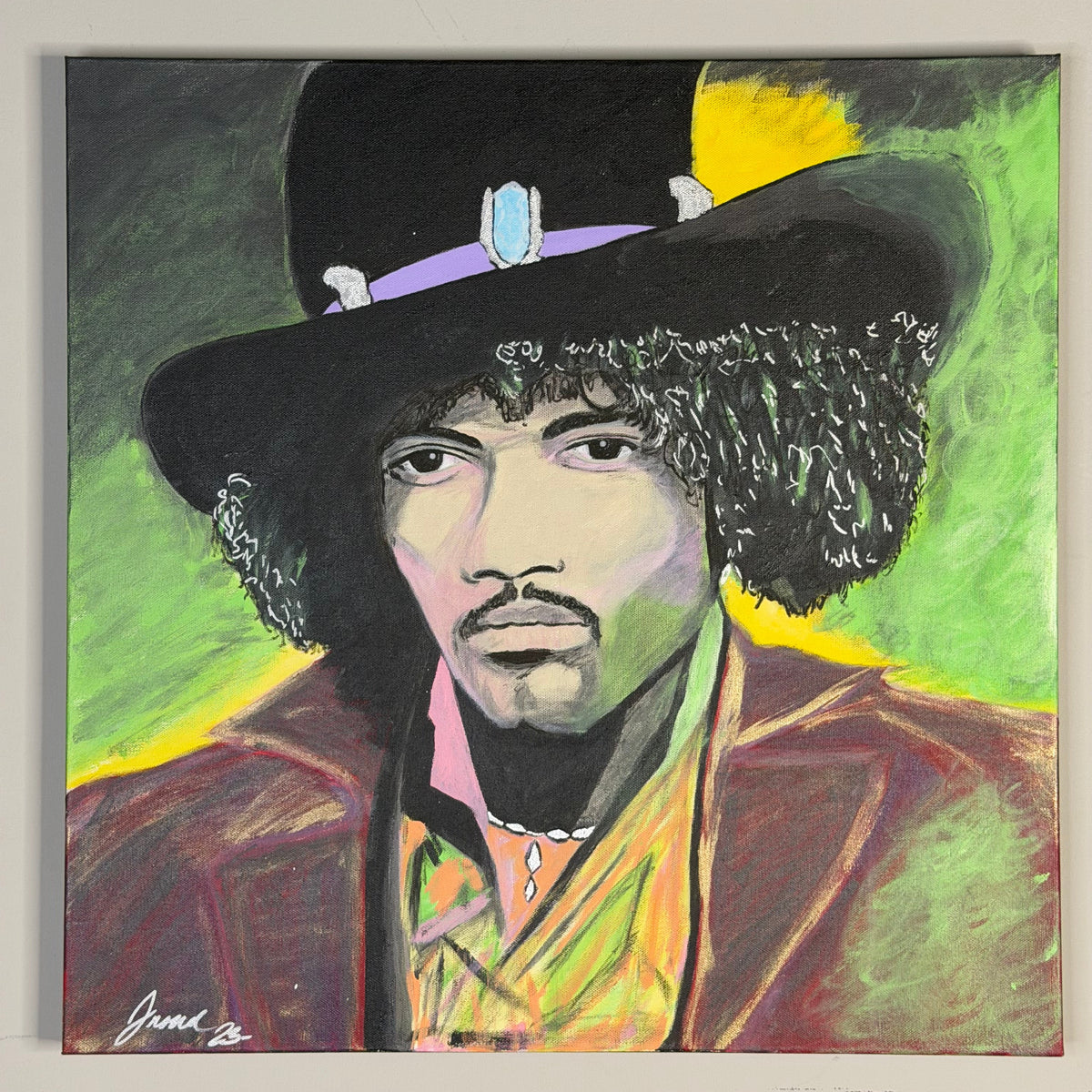Jimi Hendrix by Johnny X, a 24 × 24-inch early portrait painting featuring Hendrix in his iconic wide-brimmed hat, rendered with bold black outlines and expressive bursts of green, yellow, pink, blue, and black against a light background.