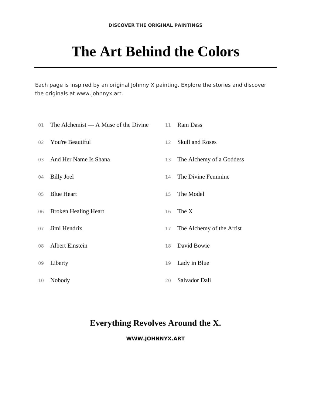 Artwork directory listing the 20 original painting titles