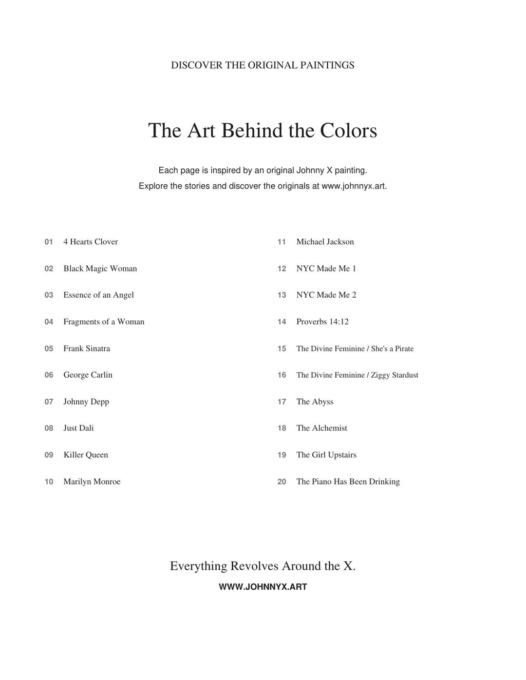 Artwork directory listing the 20 original painting titles in Volume 2