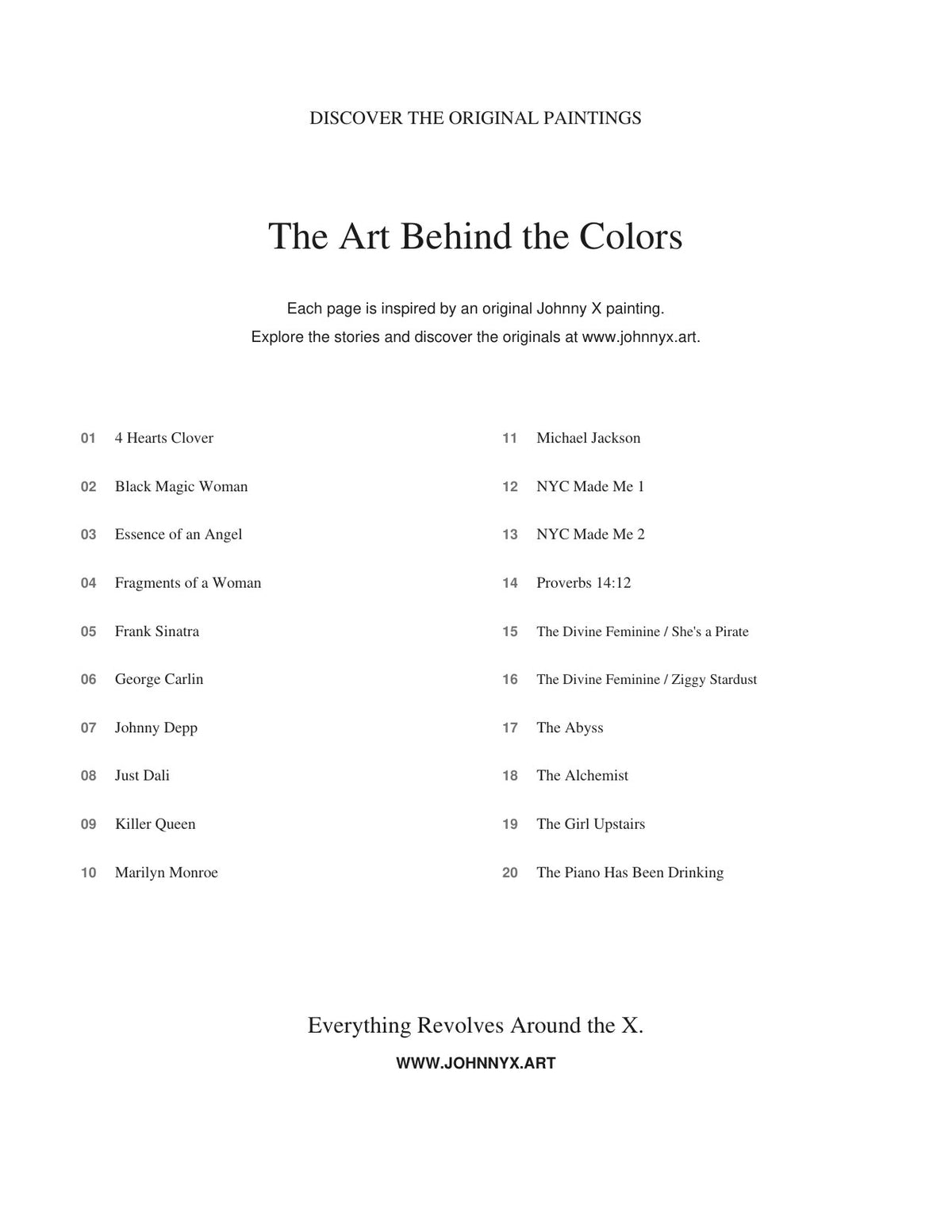 Artwork directory listing the 20 original painting titles in Volume 2