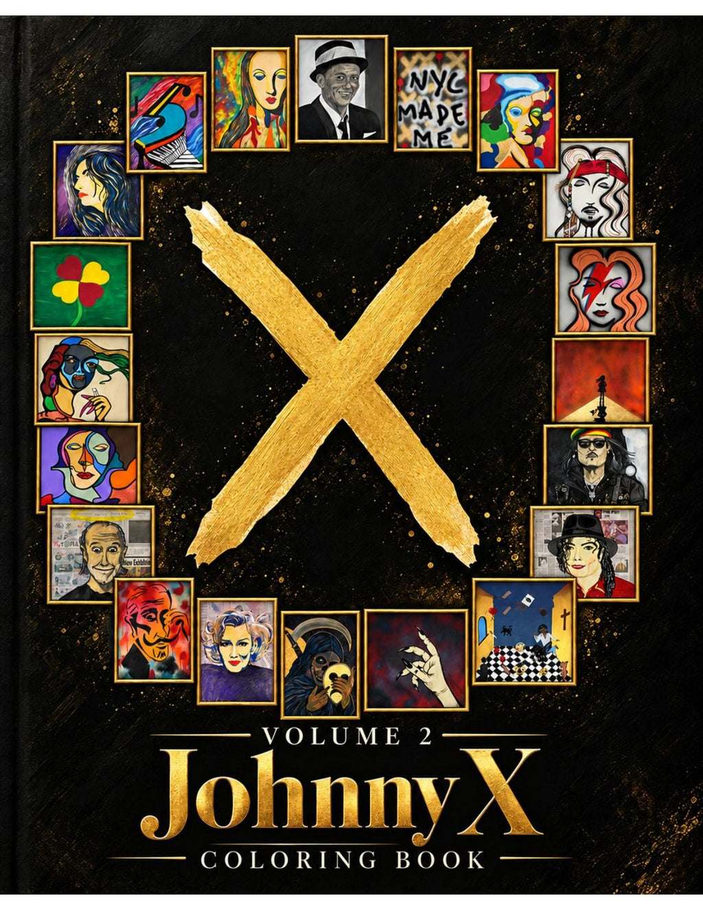 The World of Johnny X Coloring Book Volume 2 cover with a gold X surrounded by Johnny X artworks
