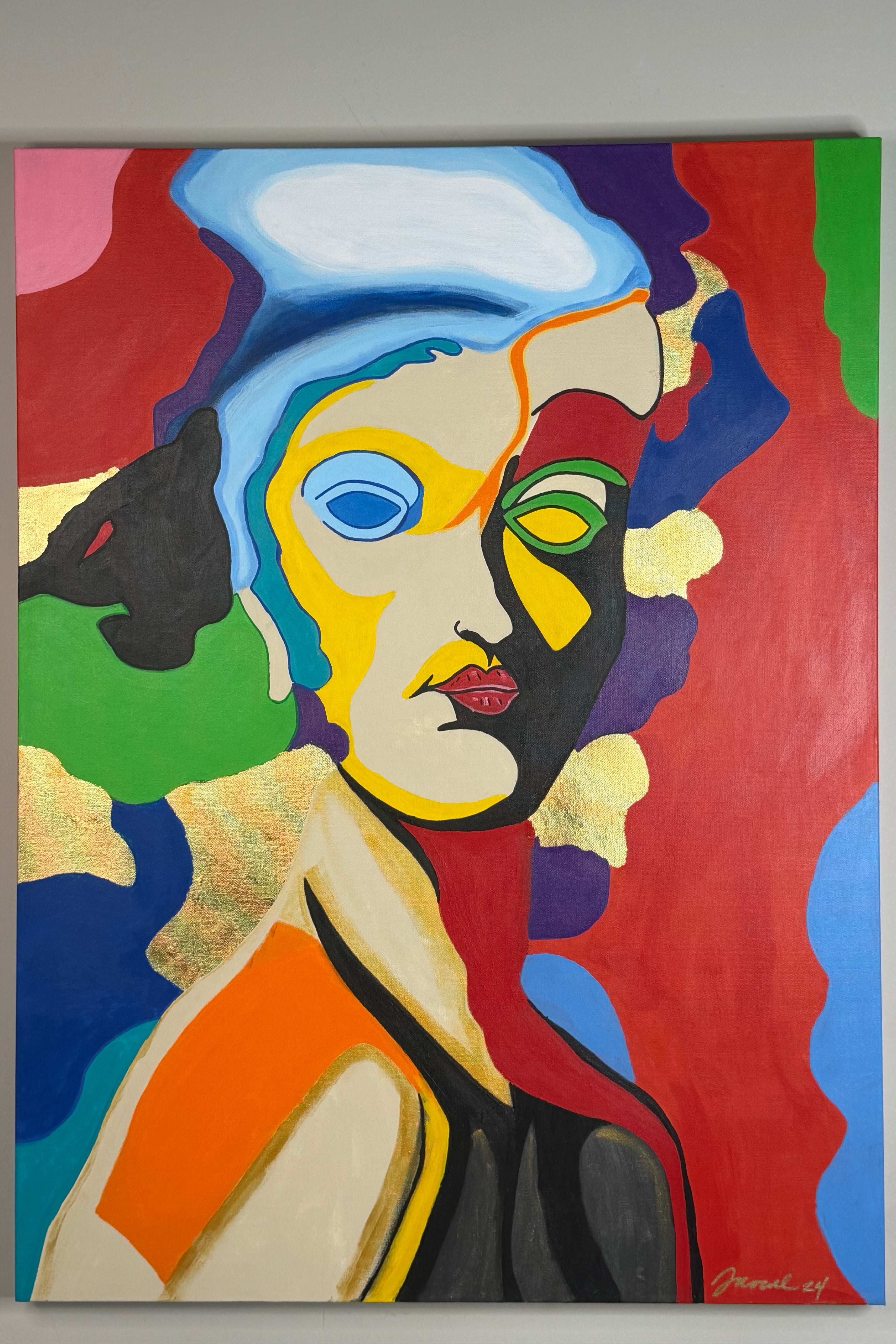 Johnny X’s Killer Queen, a vibrant contemporary portrait featuring a stylized woman composed of bold geometric forms in red, blue, yellow, green, orange, black, and gold, exploring beauty, power, mystery, and the many layers of identity.