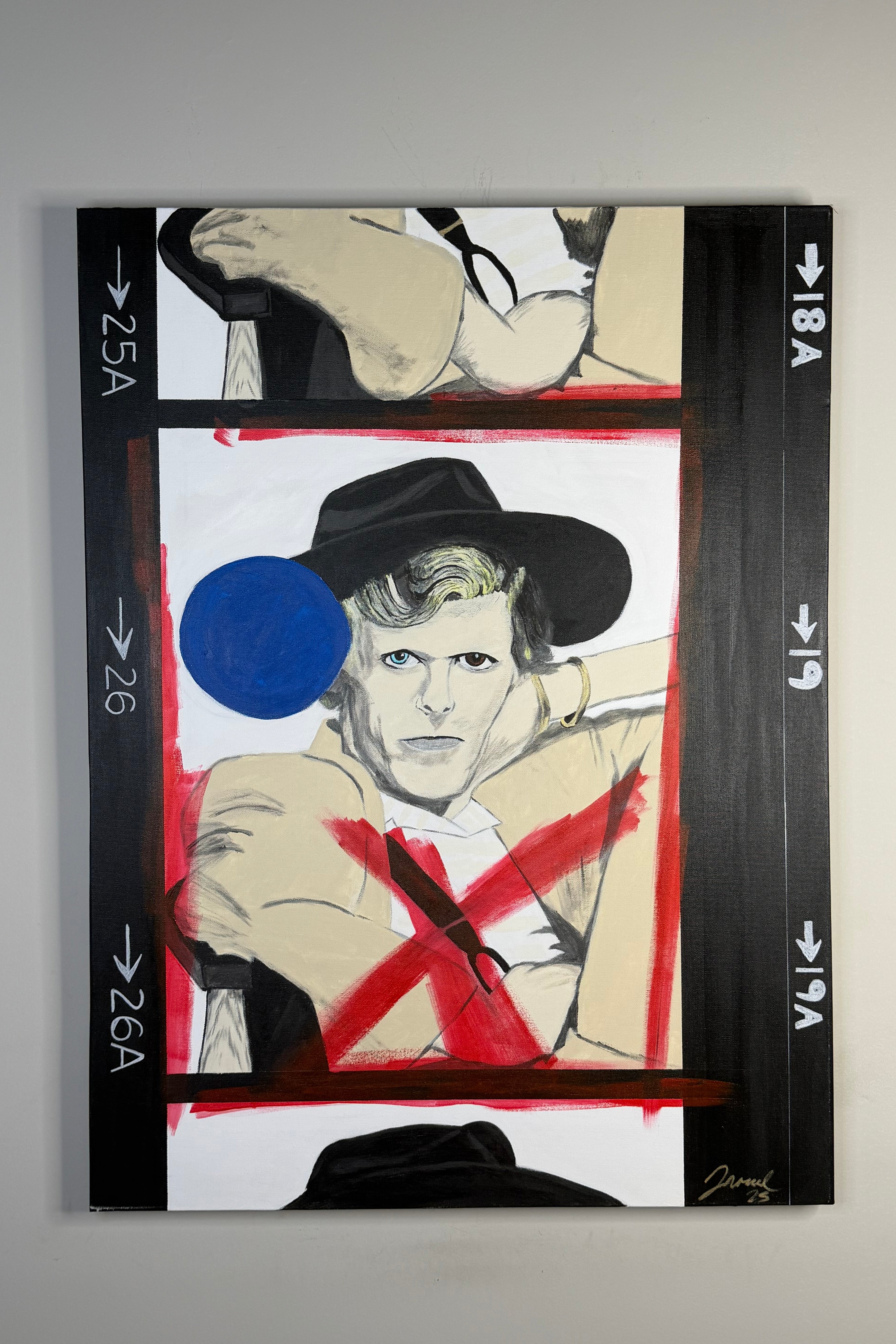Terry O’Neill Bowie by Johnny X, an early-period artwork reinterpreting an iconic Terry O’Neill photograph of David Bowie within an oversized film-strip composition, featuring black photographic borders, a bold red X across Bowie, and a vivid blue circle.