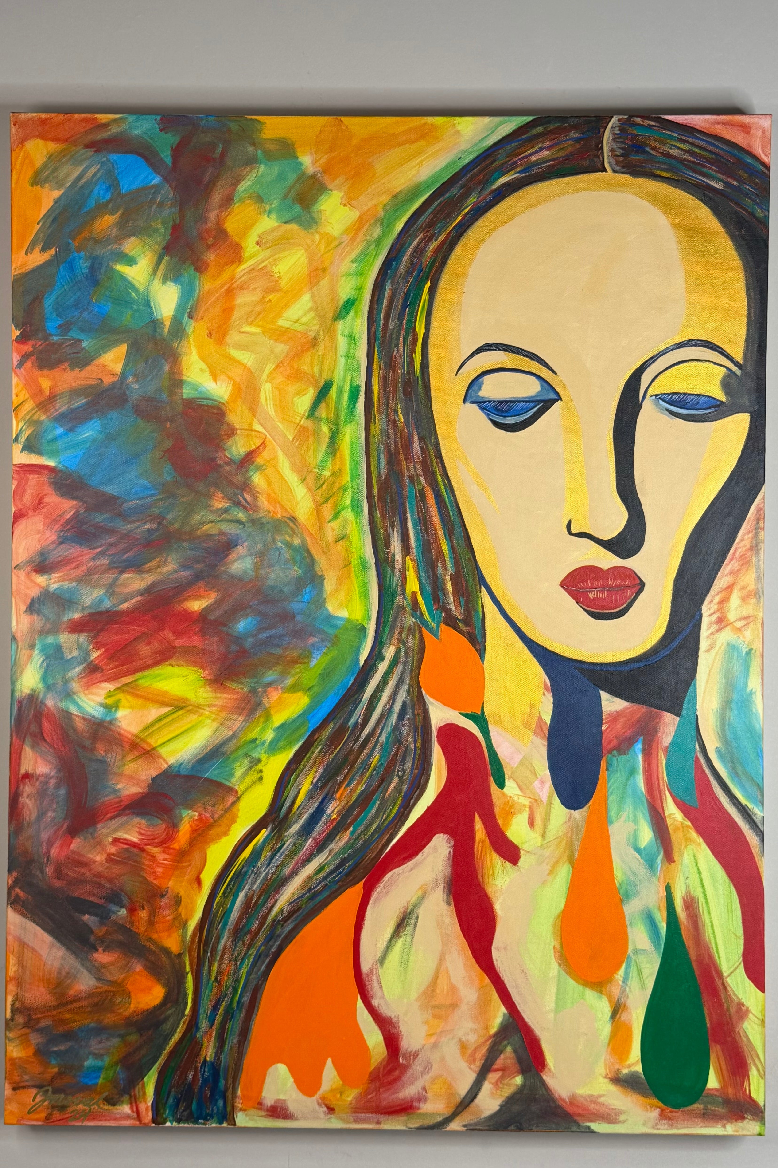 The Girl Upstairs by Johnny X, a colorful contemporary portrait of a woman with closed eyes, an elongated golden face, red lips, and long flowing dark hair, surrounded by expressive abstract brushstrokes in orange, blue, green, yellow, red, and black.