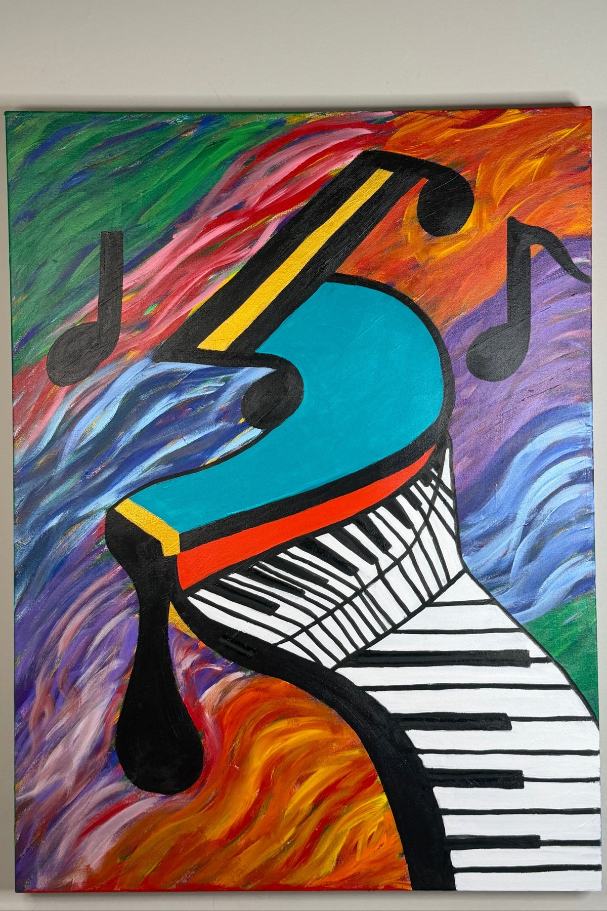 The Piano Has Been Drinking by Johnny X, a colorful contemporary painting featuring a surreal grand piano with twisting black-and-white keys, floating musical notes, and swirling turquoise, red, gold, black, and white forms that evoke music, movement, and late-night imagination.